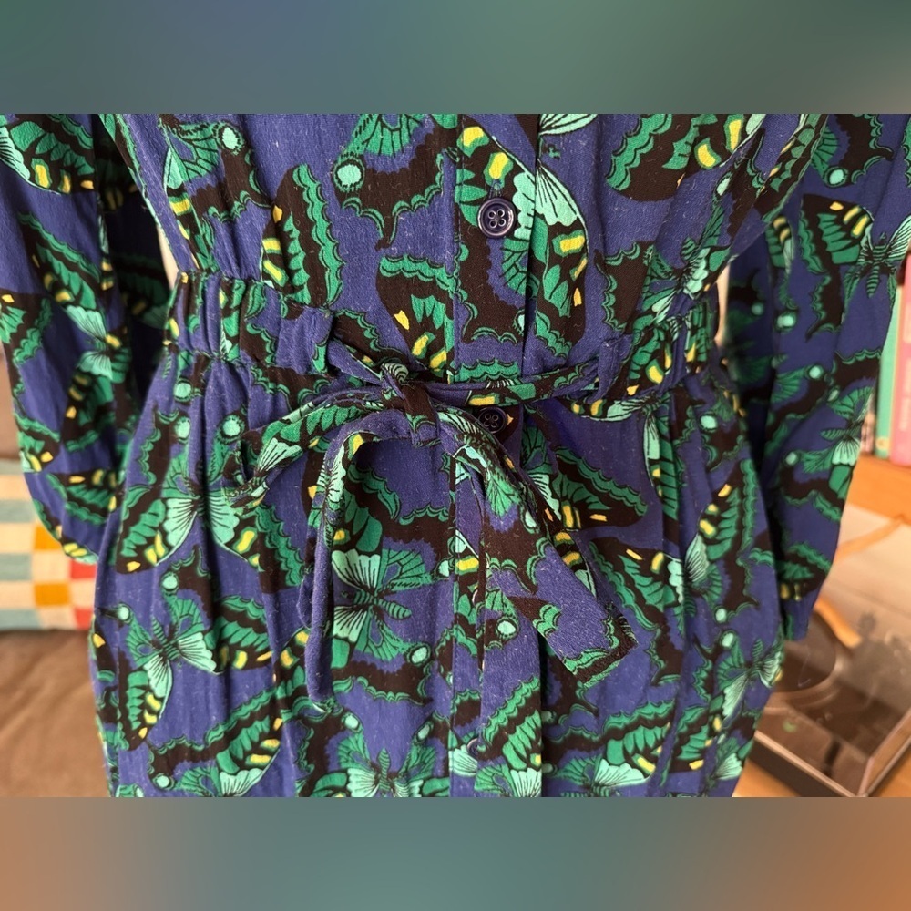 Maeve Anthropologie Vibrant Blue and Green Long Sleeve Butterfly Shirt Dress - Picture 3 of 7